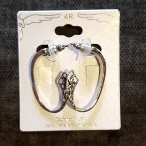 Silver Open Oval Hoop Dangle Earrings Black Swirl Design Designer Look New